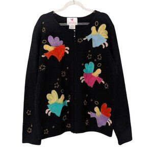 The Quacker Factory Fairy Cardigan Womens Size Medium Black Wool Beaded Full Zip